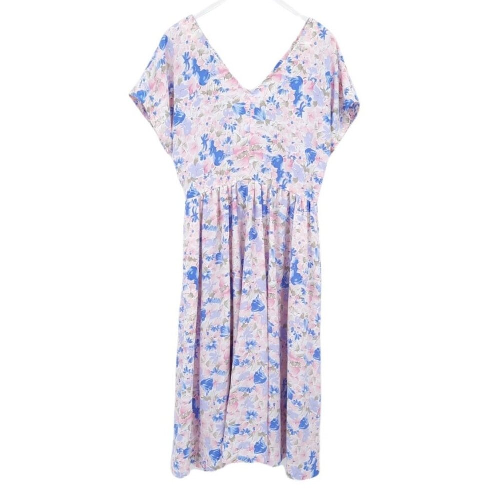 VTG 80s Pink Blue Green White Floral V-Neck V-Back Midi Fit & Flare Dress L - Picture 1 of 8